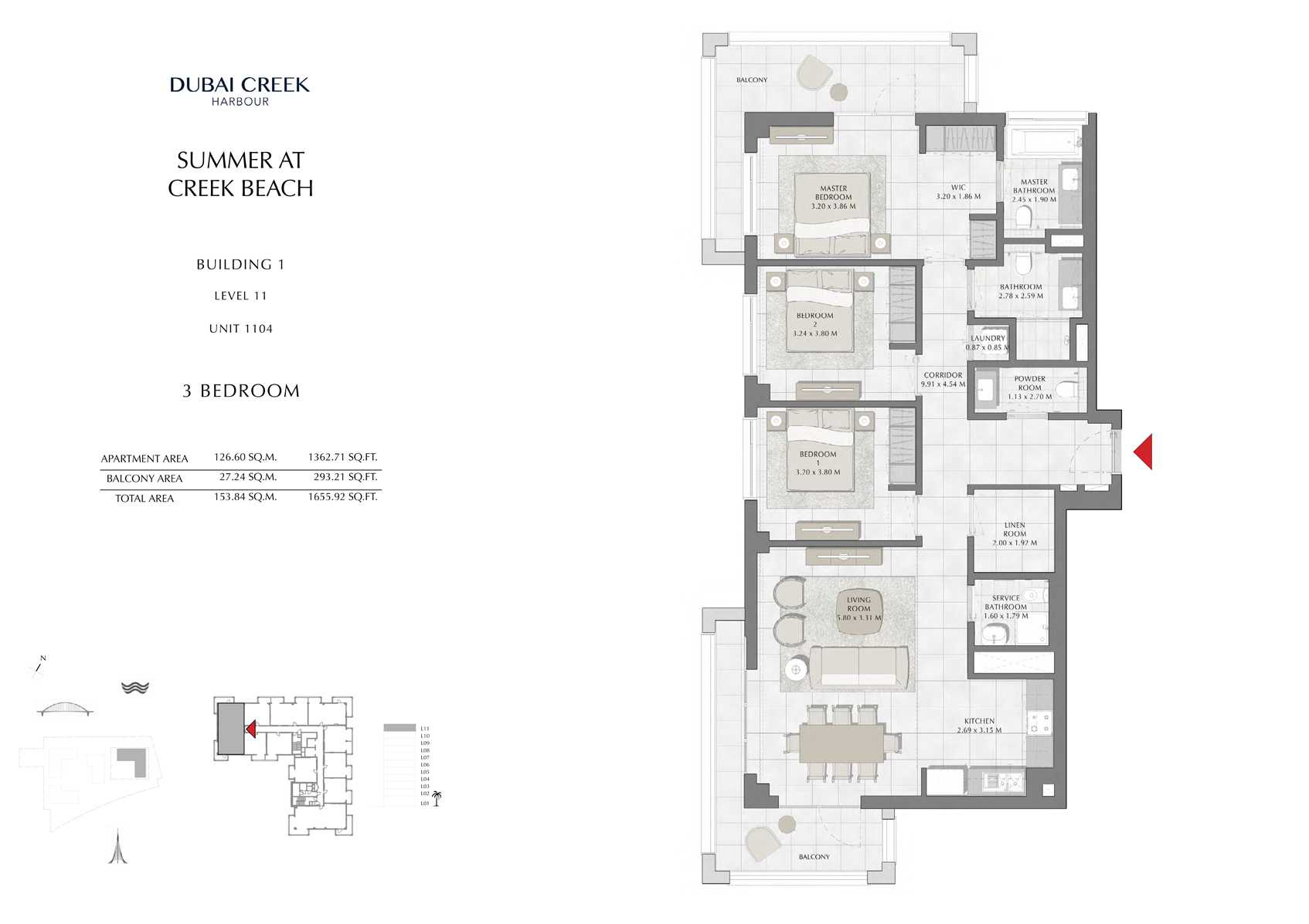 3 Br Building 1 Level 11 Unit 1104, Size 1655 Sq Ft